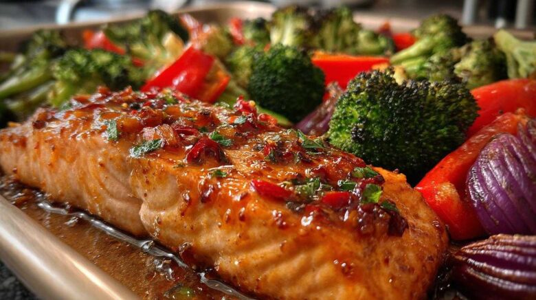 Sheet Pan Maple-Dijon Glazed Salmon and Veggies