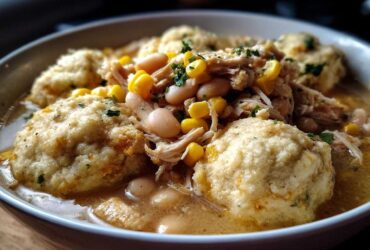 Stovetop White Chicken Chili with Cornbread Dumplings