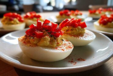 Holiday Deviled Eggs with Red Peppers