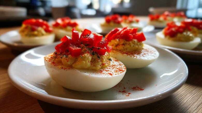 Holiday Deviled Eggs with Red Peppers