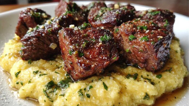 Garlic Butter Steak Bites with Herb Polenta