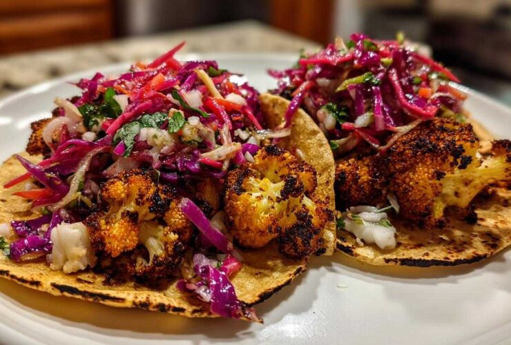 Roasted Cauliflower Tacos with Spicy Slaw