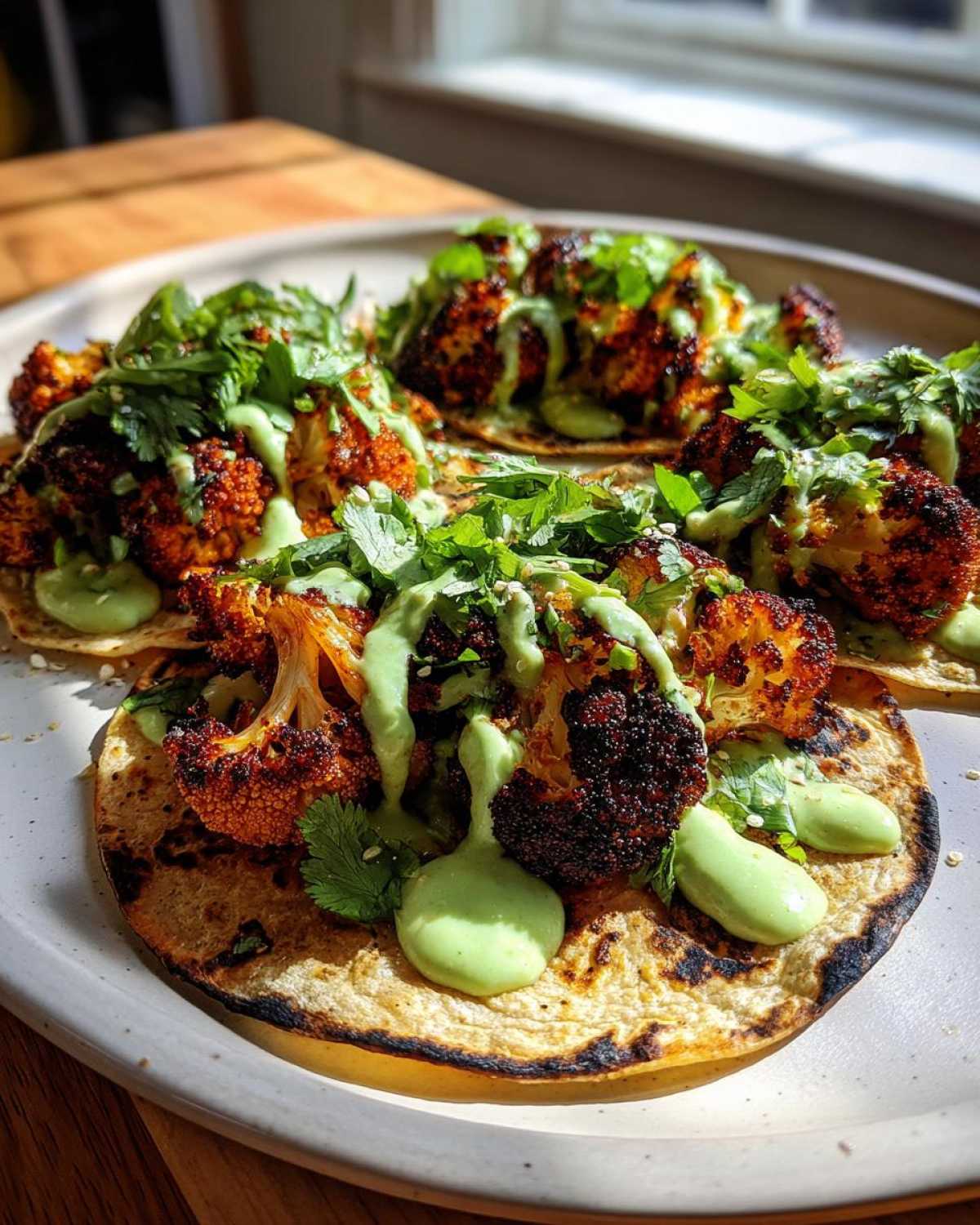 Spicy Roasted Cauliflower Tacos with Avocado Crema - detail 1