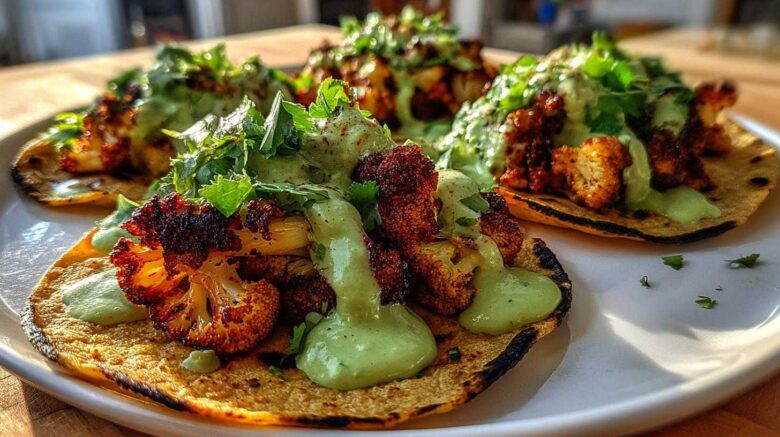 Spicy Roasted Cauliflower Tacos with Avocado Crema