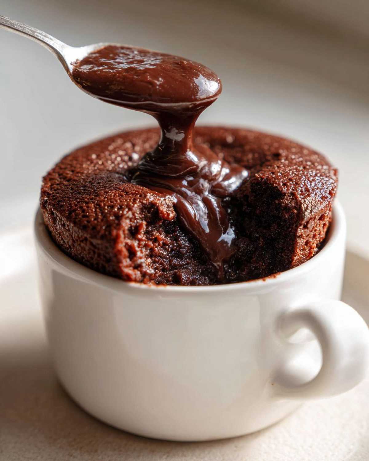 A spoonful of rich, melted chocolate sauce is being poured over a baked chocolate mousse in a white mug.