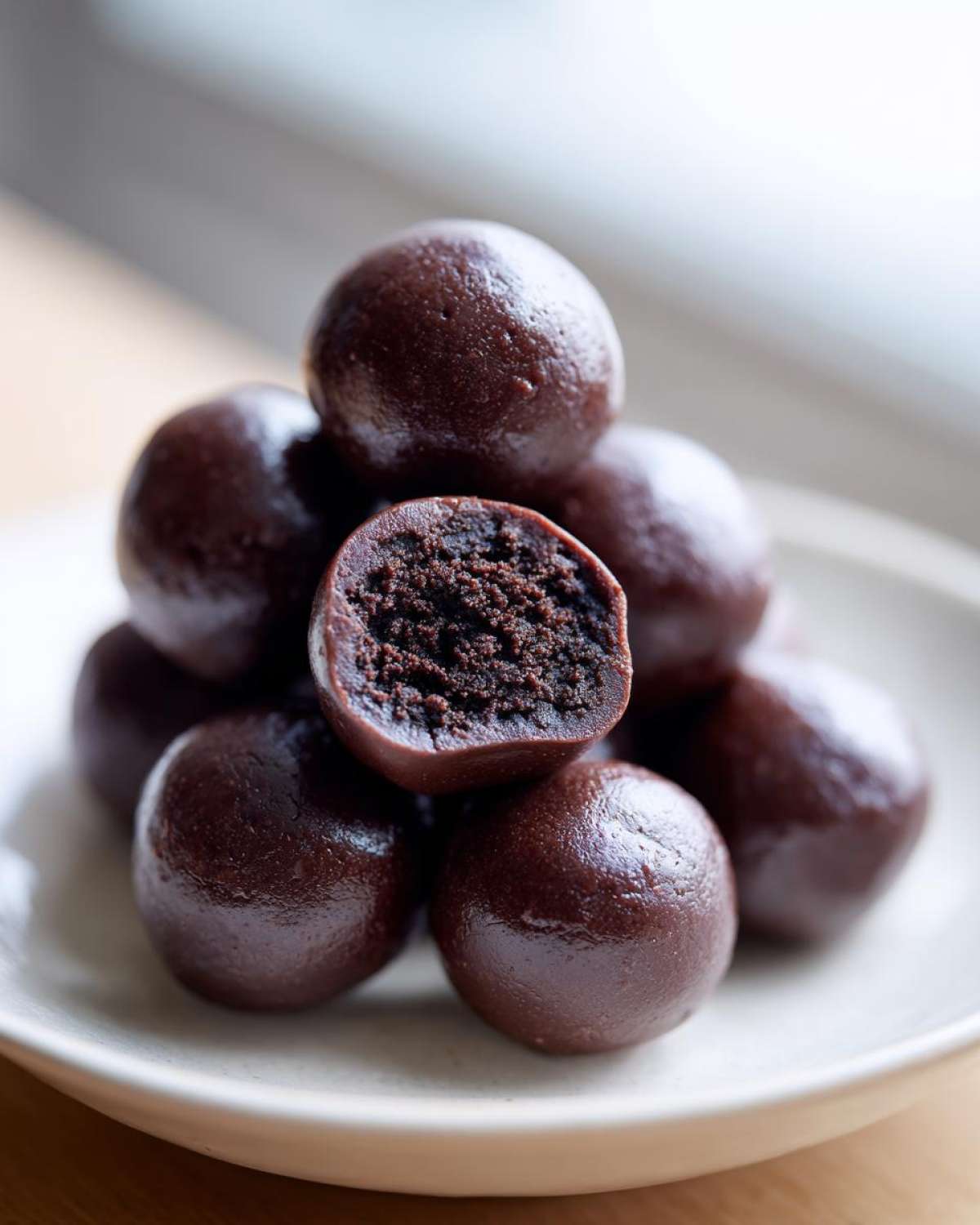 A stack of rich, dark chocolate Oreo balls, with one cut in half showing the crumbly interior texture.