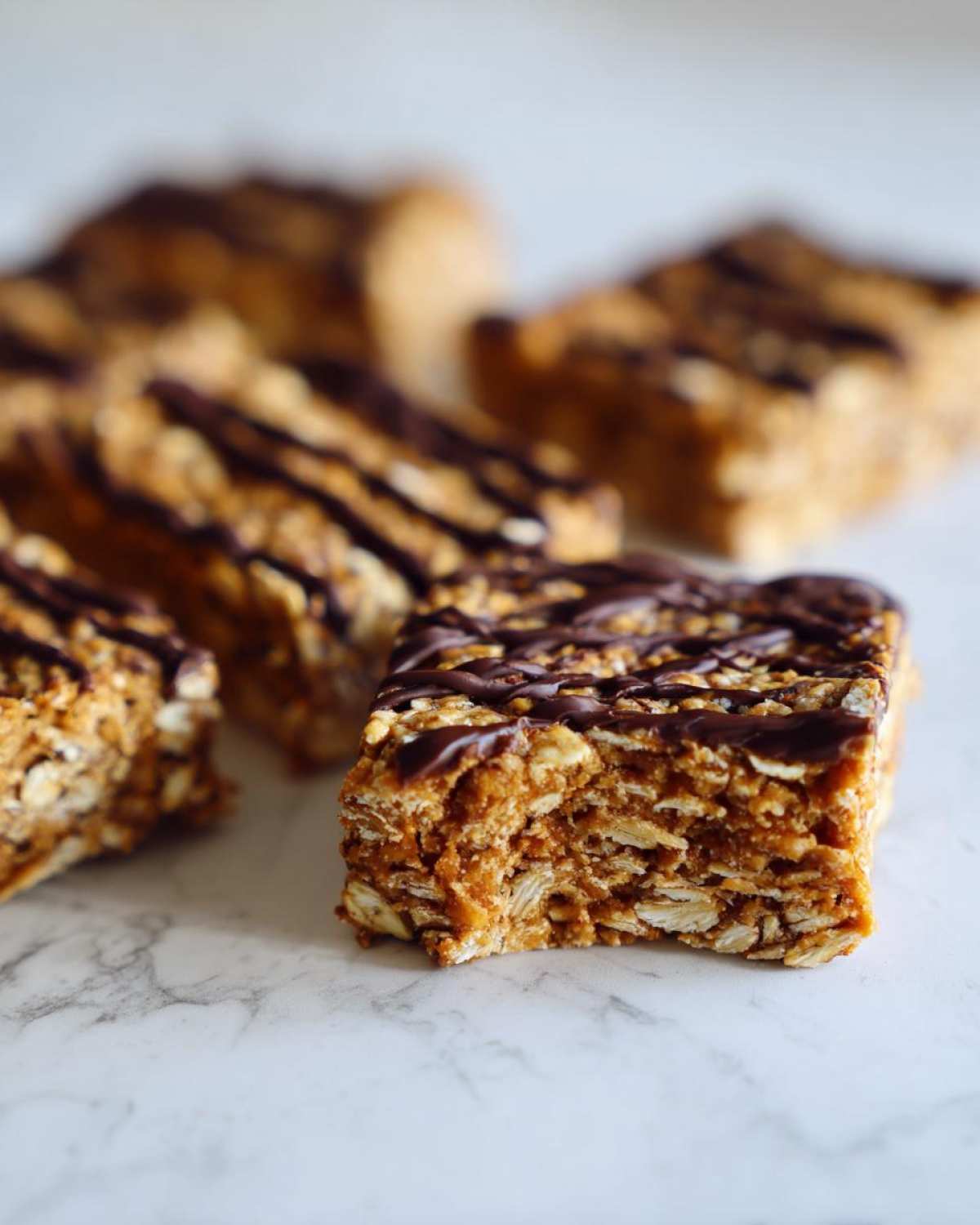 A close-up of a homemade protein bar with a bite taken out, showing oats and a chocolate drizzle topping.