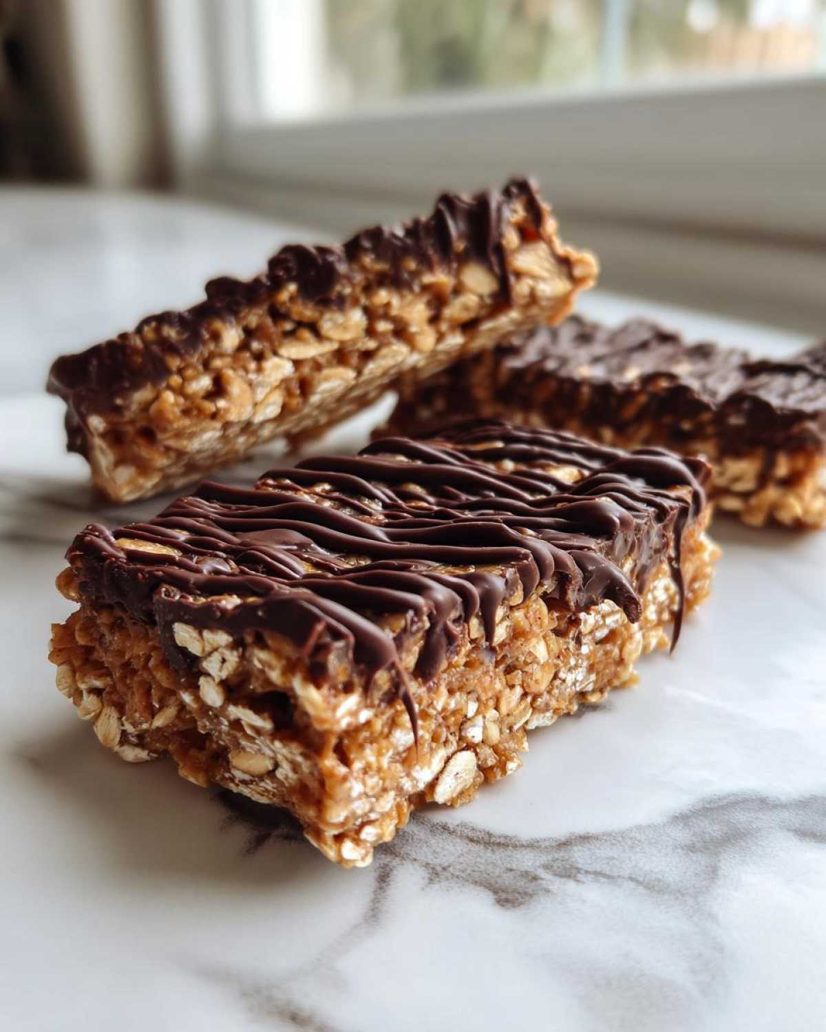 Close-up of three homemade protein bars made with oats and drizzled with dark chocolate.