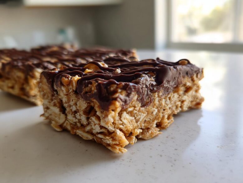 Close-up of a thick, chewy homemade protein bars slice topped with melted dark chocolate and nuts.