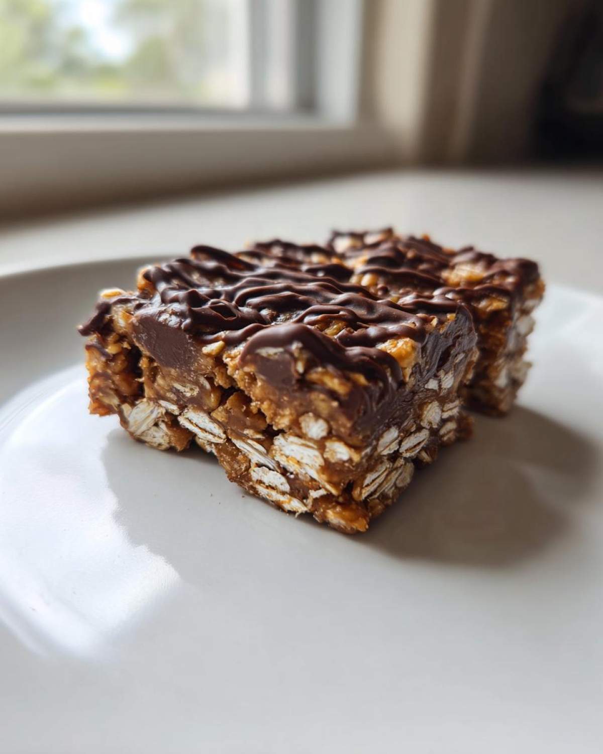 Two homemade protein bars made with oats and topped with a thick layer of drizzled chocolate.
