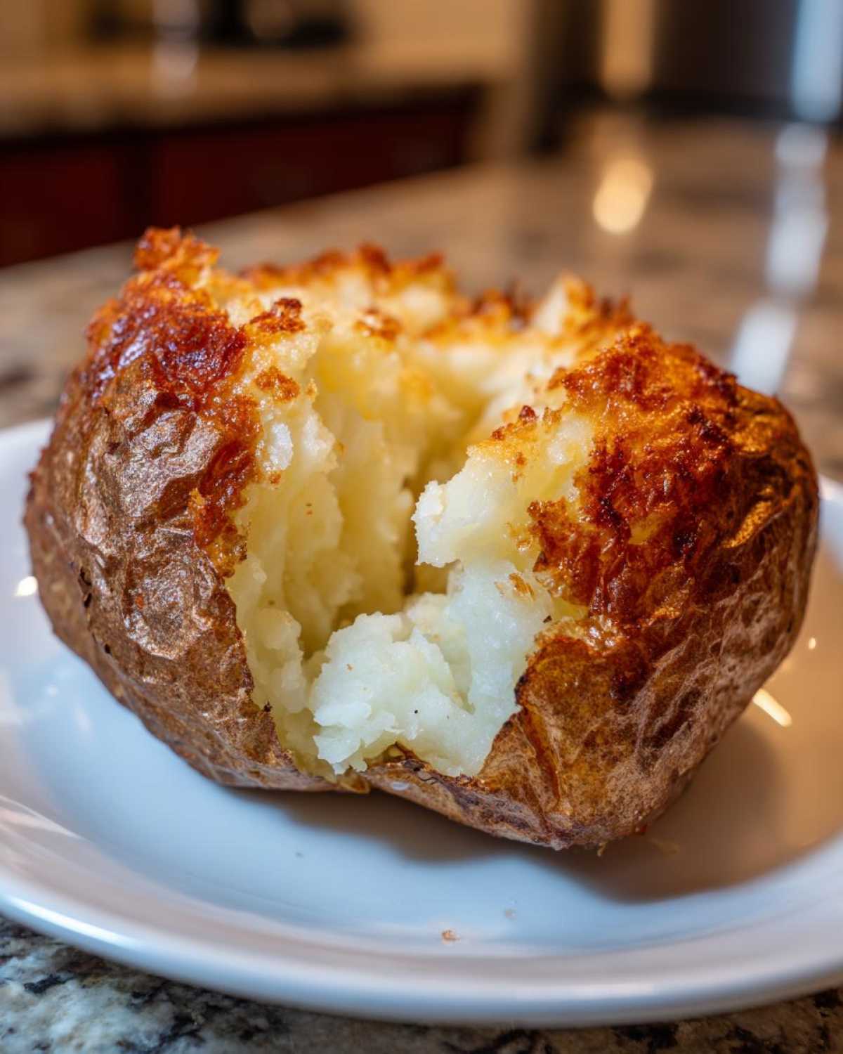 Close-up of a perfectly cooked air fryer baked potato, split open to show fluffy interior and crispy, golden-brown skin.