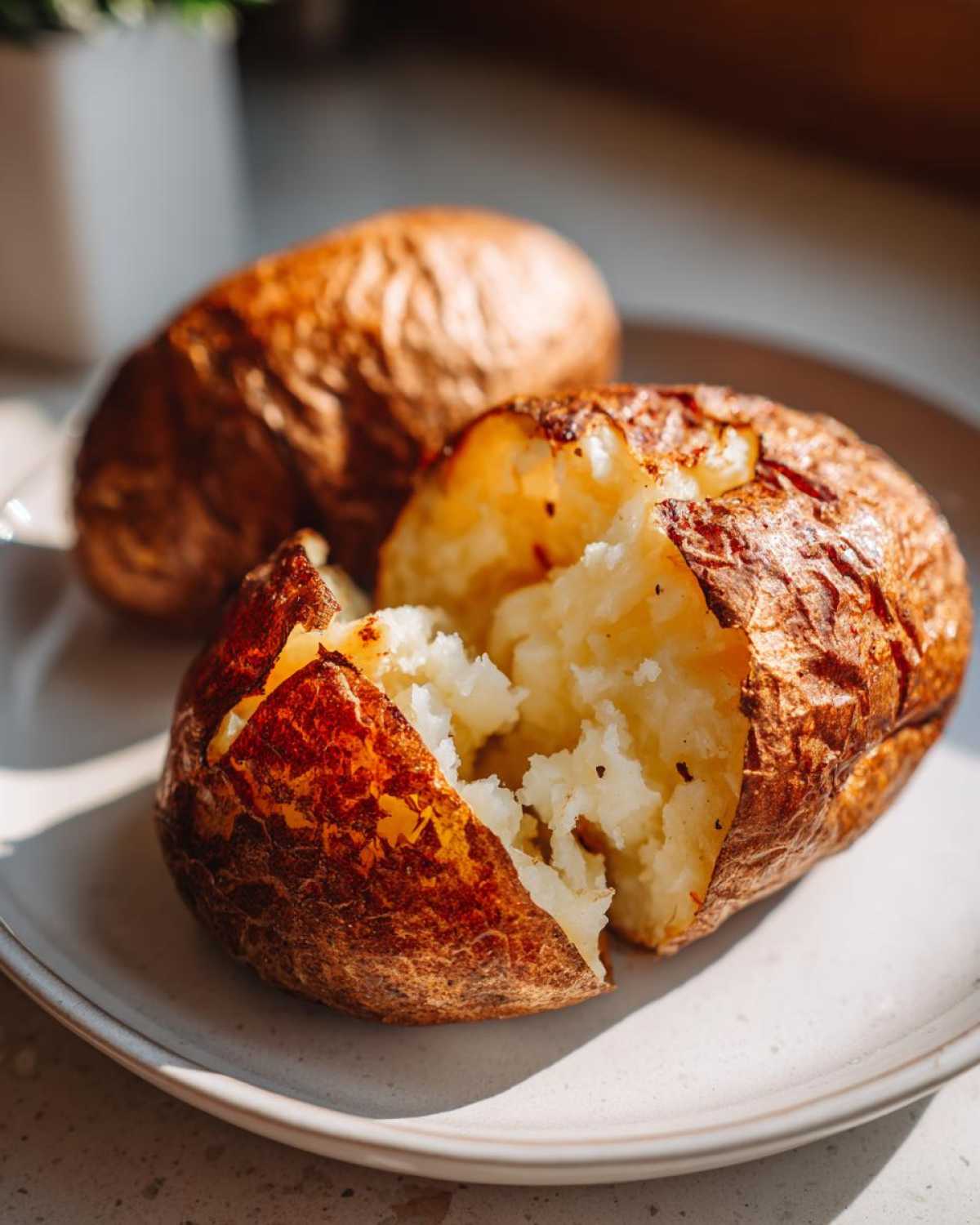 Close-up of a perfectly cooked air fryer baked potato, split open to show fluffy white interior.