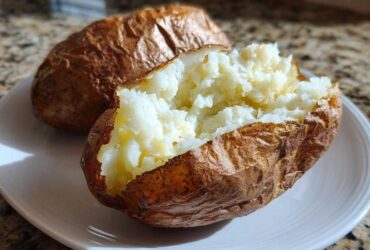 Close-up of a perfectly cooked air fryer baked potato, split open to show fluffy interior.