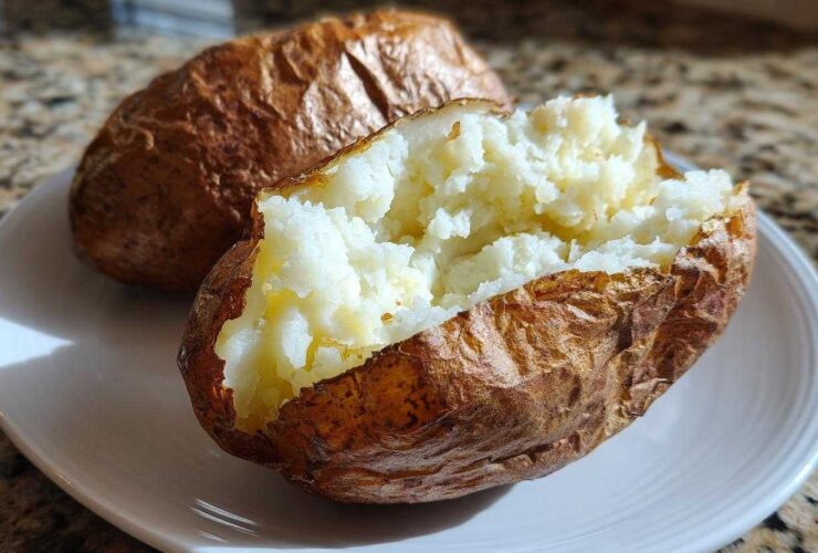 Close-up of a perfectly cooked air fryer baked potato, split open to show fluffy interior.