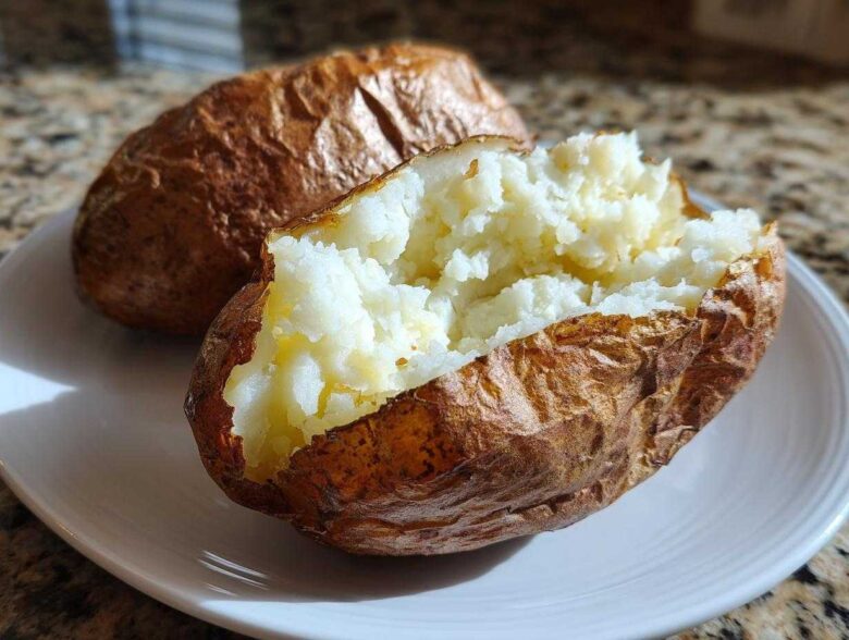 Close-up of a perfectly cooked air fryer baked potato, split open to show fluffy interior.