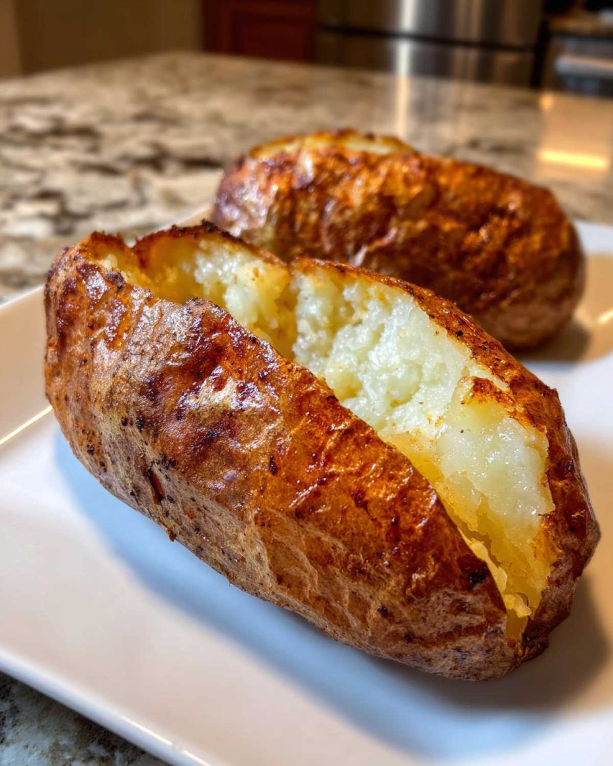 Close-up of a fluffy air fryer baked potato split open, showing the soft interior and crispy skin.
