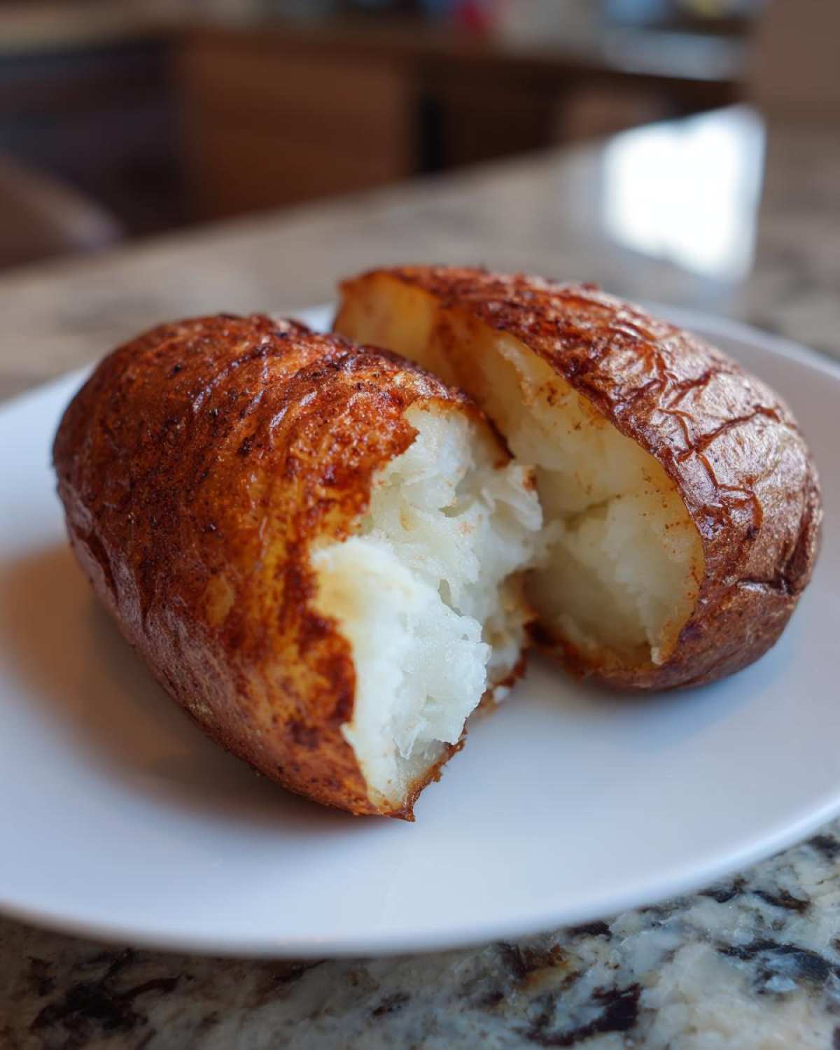 A fluffy, seasoned air fryer baked potato split in half on a white plate.