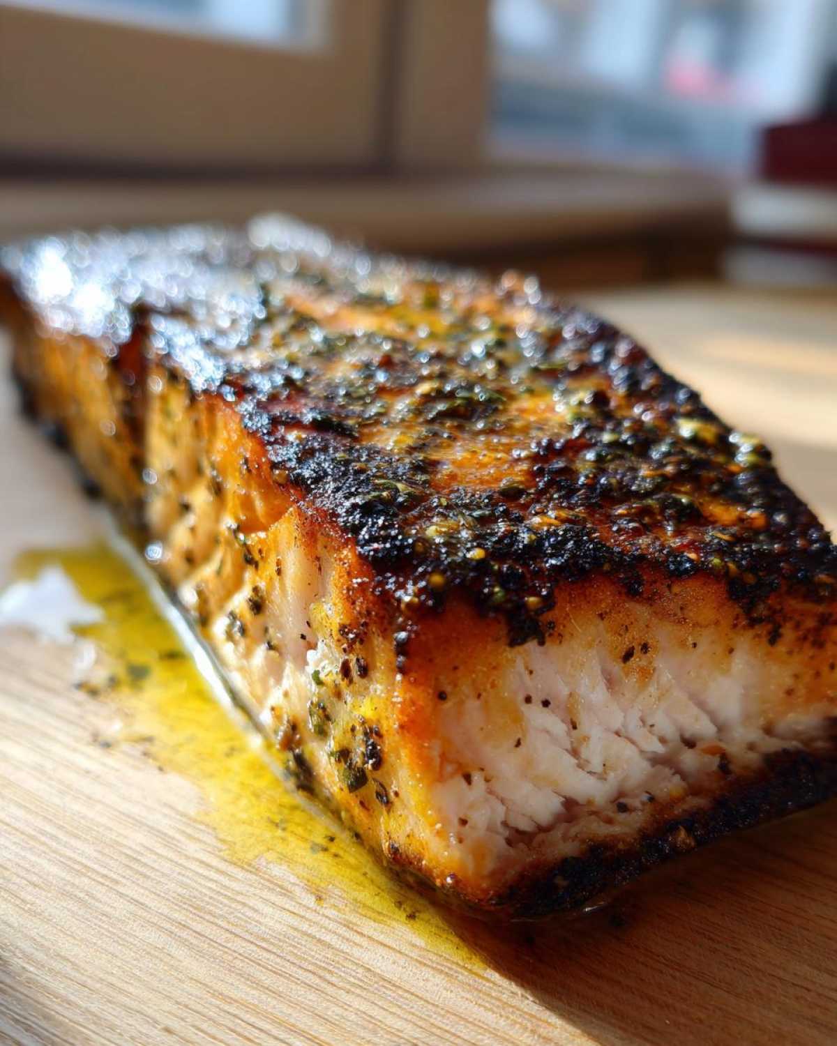 Close-up of a perfectly cooked, seasoned air fryer salmon fillet resting on a wooden cutting board with rendered juices.