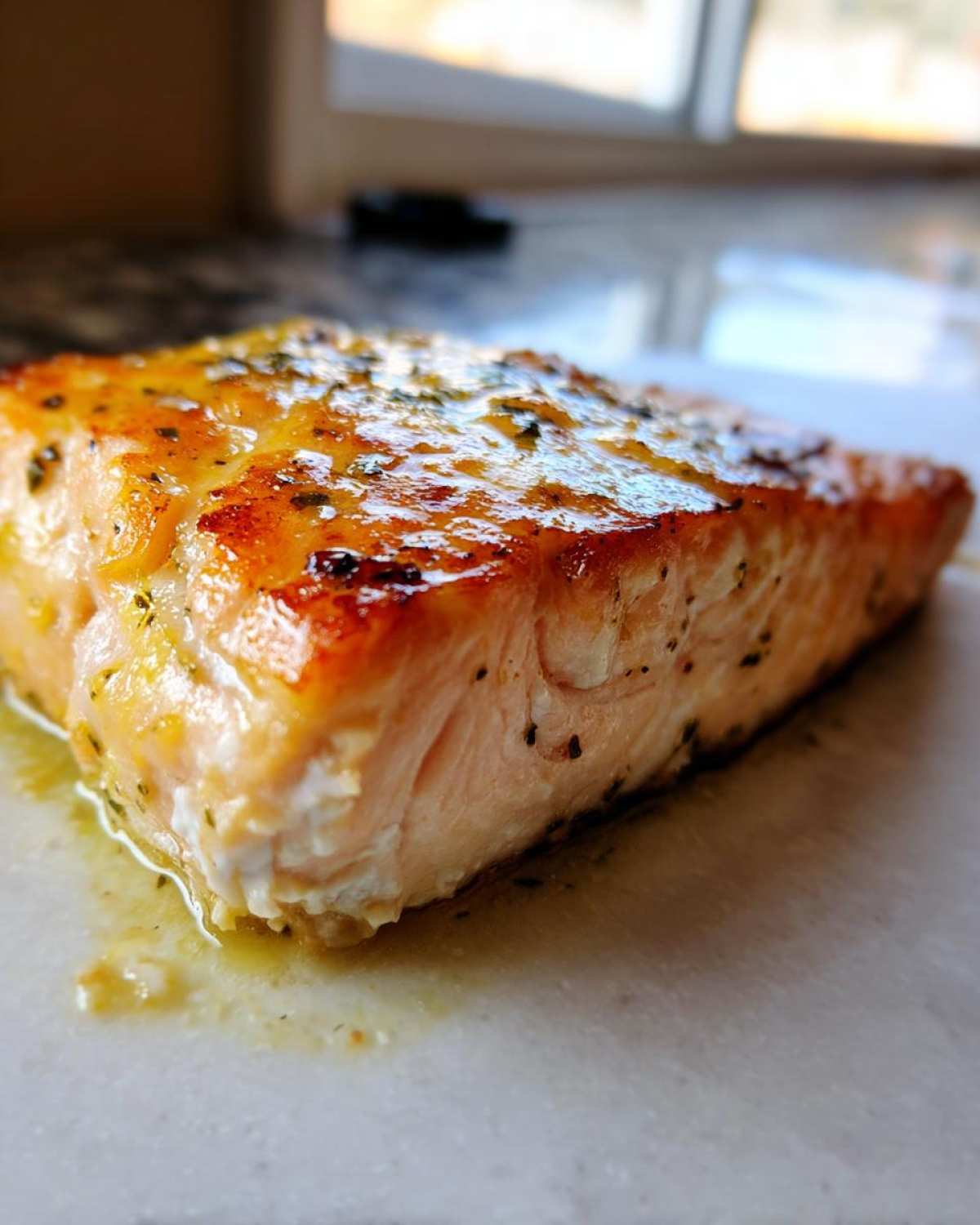 Close-up of a glistening, perfectly cooked fillet of air fryer salmon with a golden-brown, seasoned top.