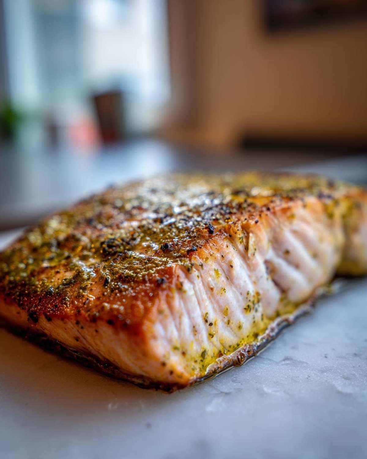 Close-up of a beautifully seasoned and cooked fillet of air fryer salmon resting on a light surface.