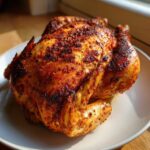 Close-up of a perfectly cooked, crispy-skinned air fryer whole chicken resting on a white plate.