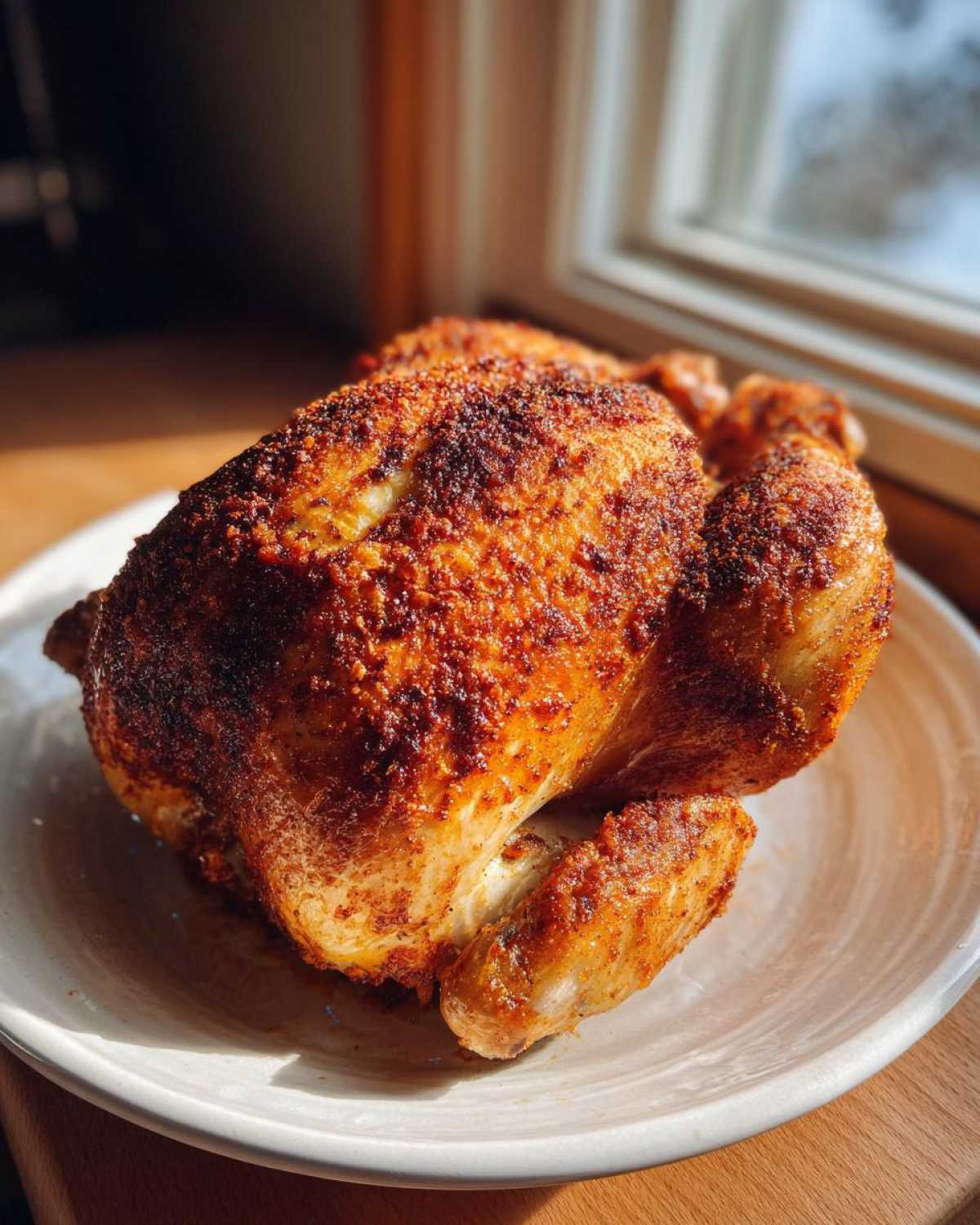 A perfectly cooked air fryer whole chicken with crispy, seasoned skin resting on a light-colored plate.