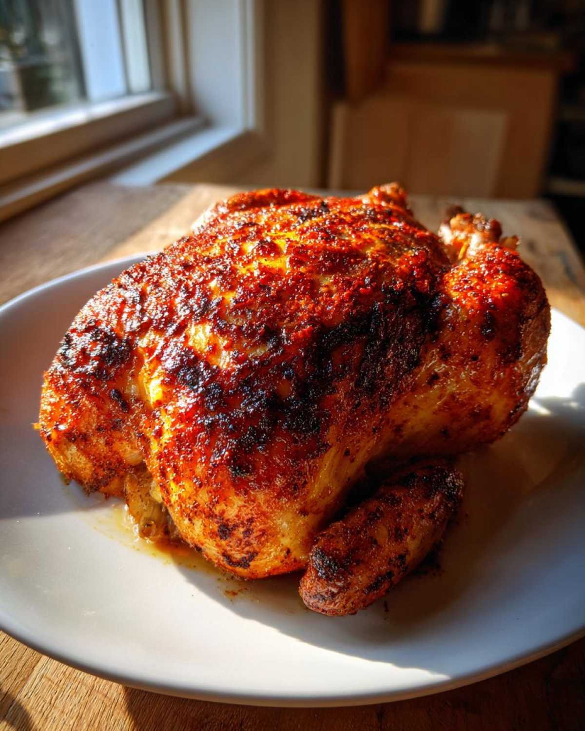 A perfectly cooked, crispy-skinned air fryer whole chicken seasoned with a dark red spice rub, resting on a white plate.