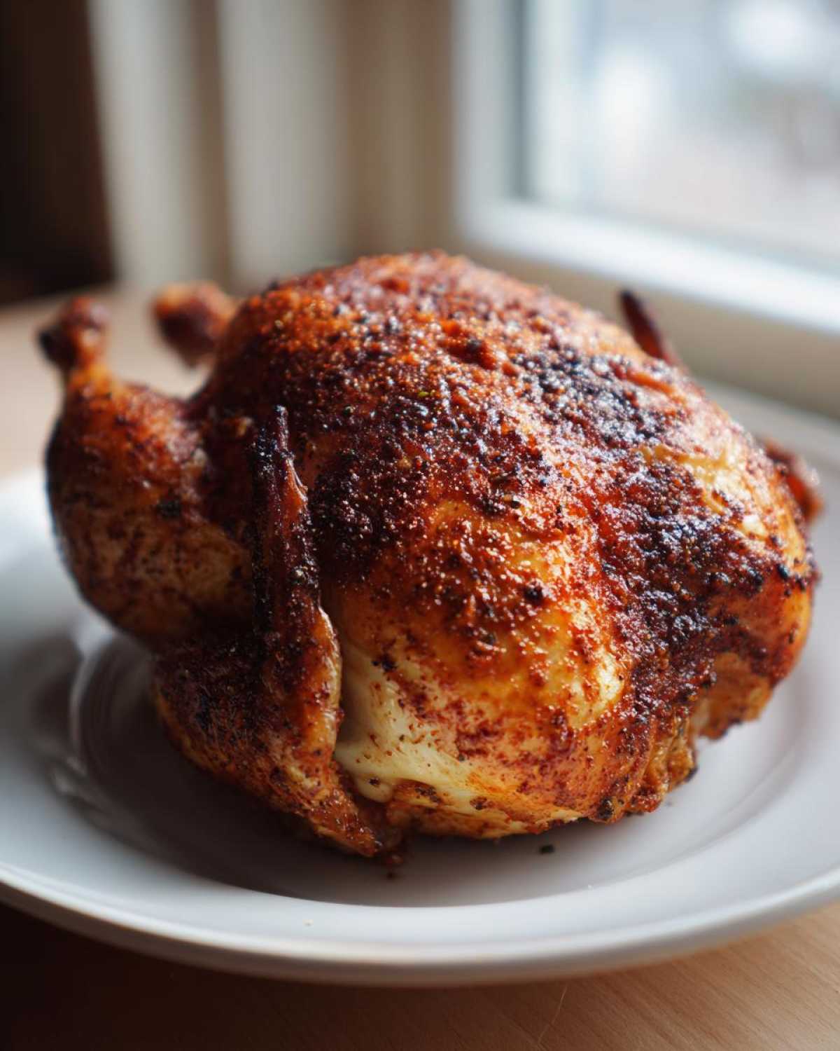 A whole roasted chicken with crispy, seasoned skin, fresh from the air fryer whole chicken recipe, resting on a white plate.
