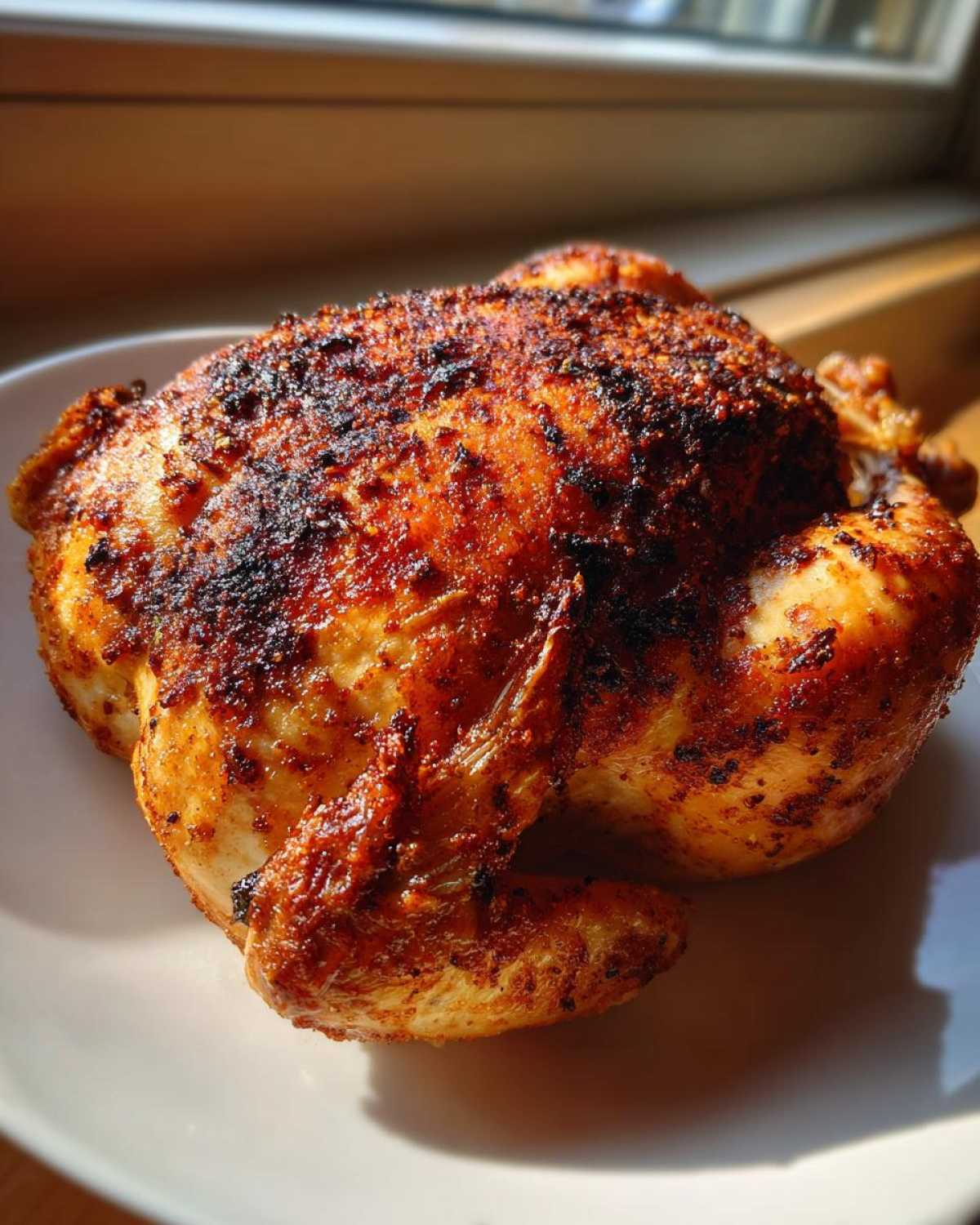 A perfectly cooked, crispy air fryer whole chicken with dark seasoning resting on a white plate.
