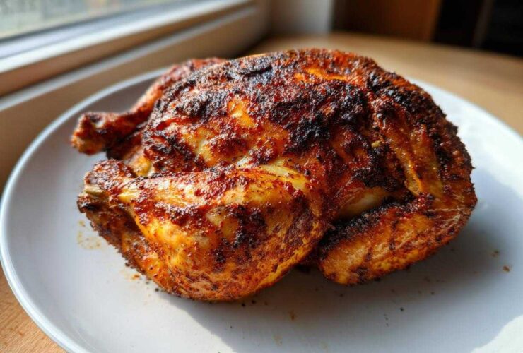 A whole roasted chicken with crispy, seasoned skin resting on a white plate, cooked using an air fryer whole chicken recipe.
