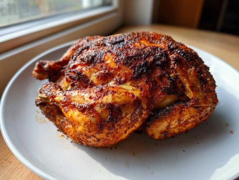A whole roasted chicken with crispy, seasoned skin resting on a white plate, cooked using an air fryer whole chicken recipe.