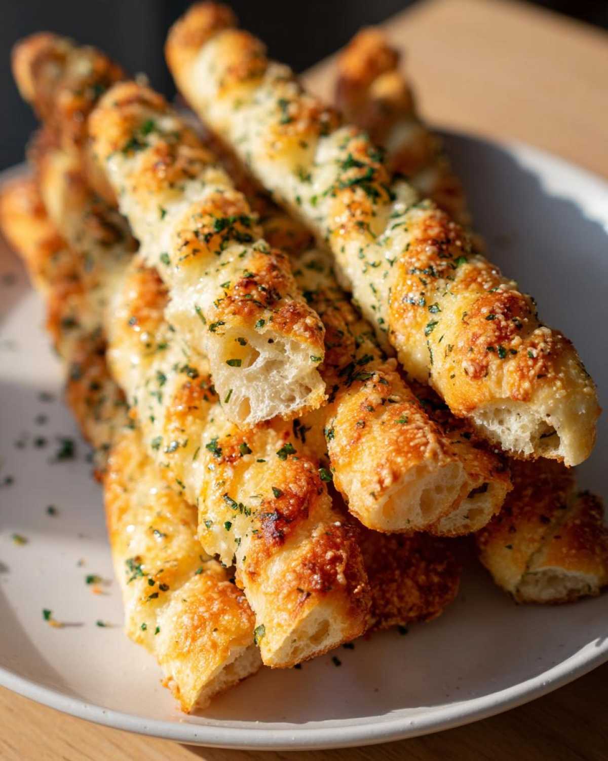 A close-up stack of golden brown, cheesy garlic breadsticks topped with fresh parsley, showing a soft interior.