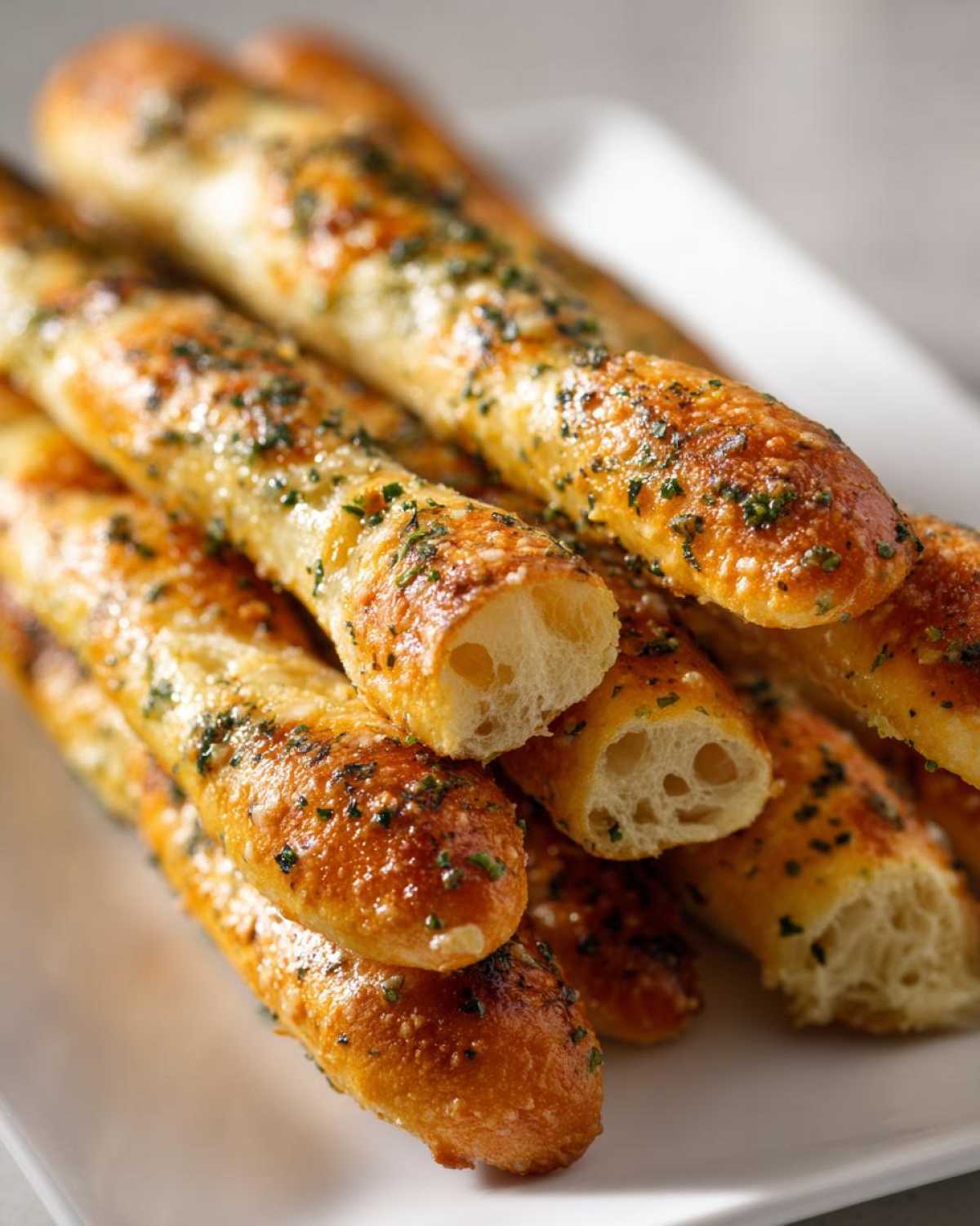 Close-up of freshly baked, golden brown breadsticks topped with garlic and herbs, showing a fluffy interior.