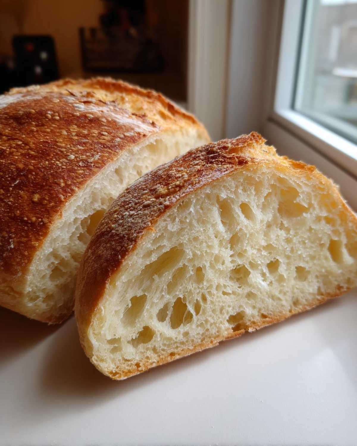 Close-up of a freshly baked french bread loaf sliced open, showing the airy, open crumb structure.