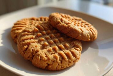 Close-up of three golden brown peanut butter cookies with classic crisscross fork marks resting on a white plate.