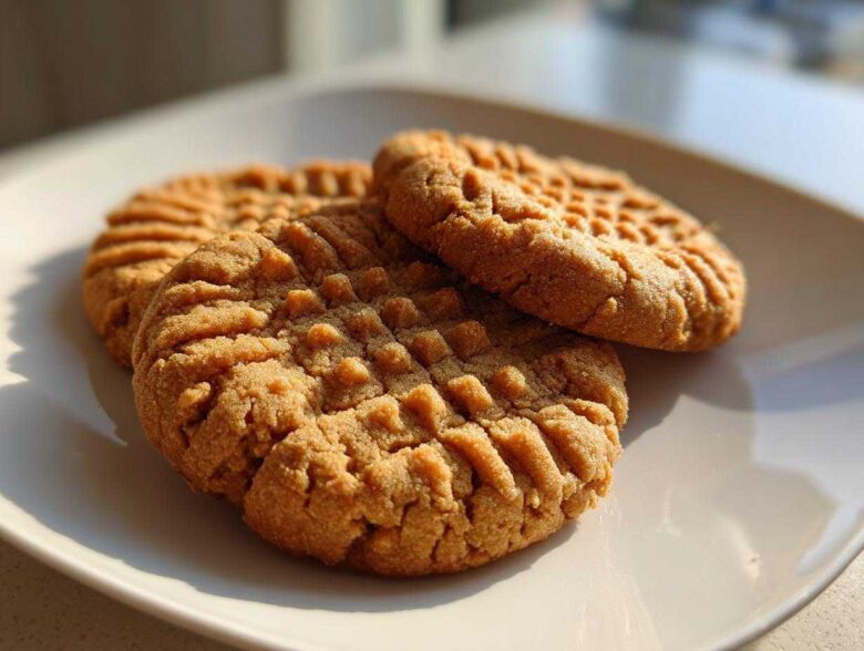 Close-up of three golden brown peanut butter cookies with classic crisscross fork marks resting on a white plate.