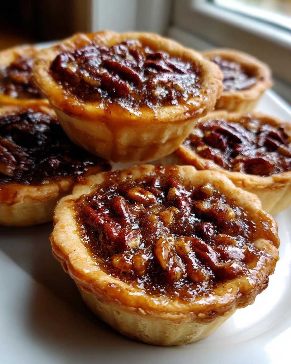 A close-up of several glossy, golden-brown mini pecan pies stacked slightly on a white plate.