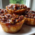 A close-up stack of glistening, golden mini pecan pies topped with pecans and sticky caramel filling.