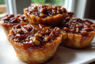 A close-up stack of glistening, golden mini pecan pies topped with pecans and sticky caramel filling.