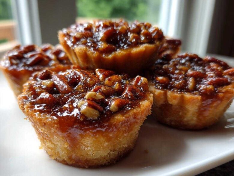A close-up stack of glistening, golden mini pecan pies topped with pecans and sticky caramel filling.