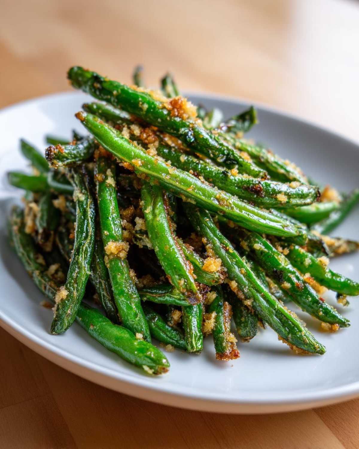 A close-up of bright green beans tossed with crispy breadcrumbs served on a white platter.