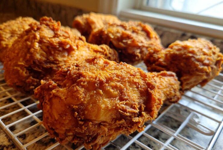 Close-up of several pieces of golden brown, crispy fried chicken resting on a white wire cooling rack.