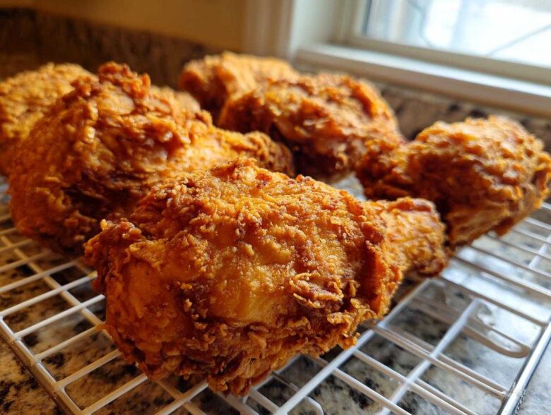 Close-up of several pieces of golden brown, crispy fried chicken resting on a white wire cooling rack.