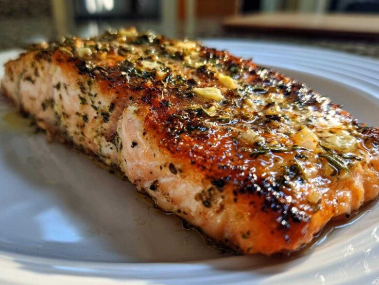Close-up of a juicy, glazed air fryer salmon fillet topped with garlic and herbs on a white plate.