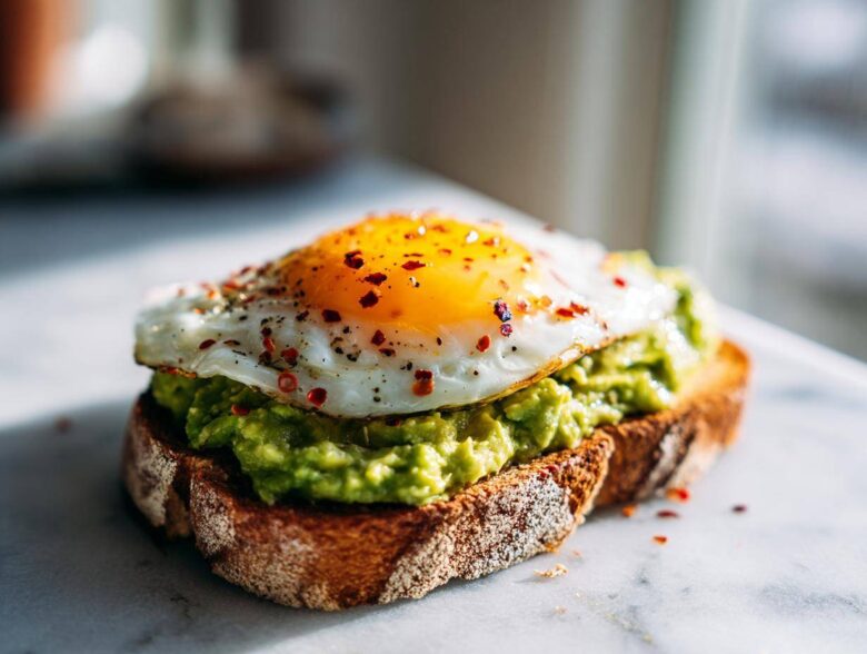 Close-up of perfectly prepared avocado toast topped with a sunny-side-up egg and red pepper flakes.