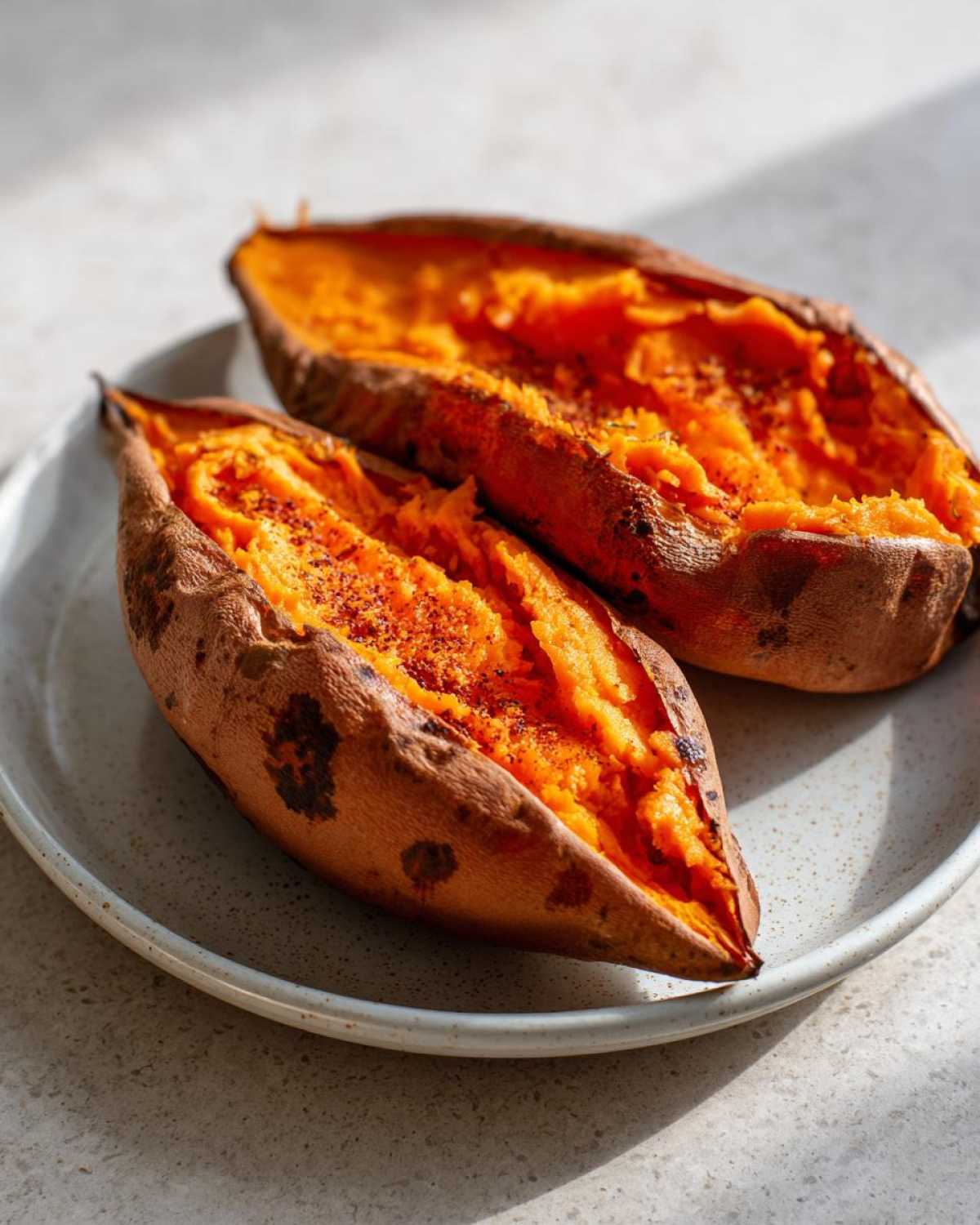 Two halves of a perfectly baked sweet potato showing fluffy orange interior seasoned with spices.