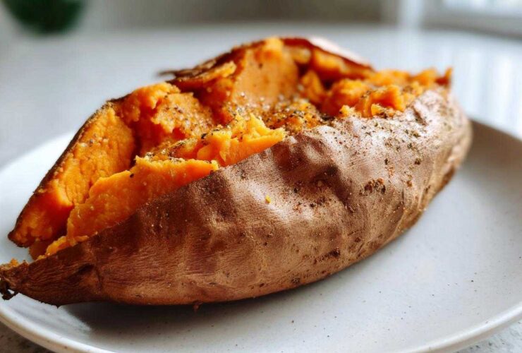Close-up of a fluffy baked sweet potato, split open and seasoned with pepper and herbs.