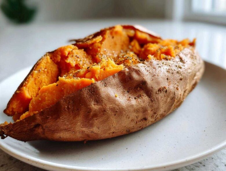 Close-up of a fluffy baked sweet potato, split open and seasoned with pepper and herbs.
