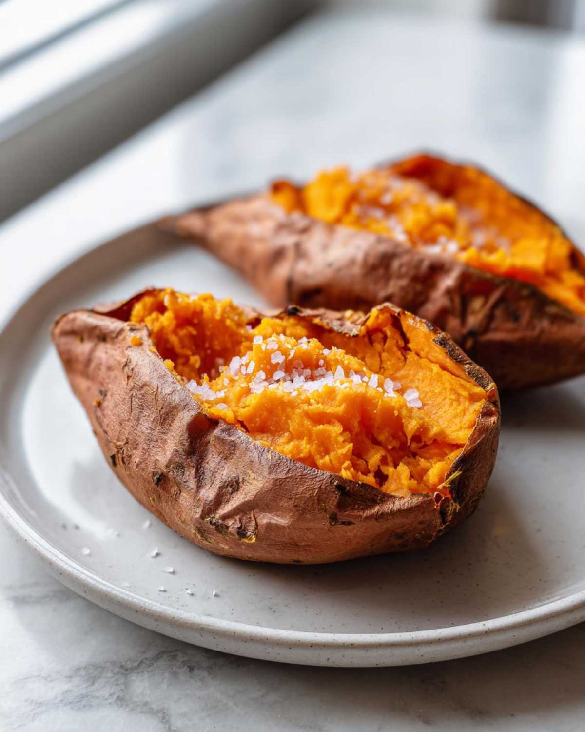 Two perfectly baked sweet potatoes, split open and topped with coarse sea salt, ready to eat.