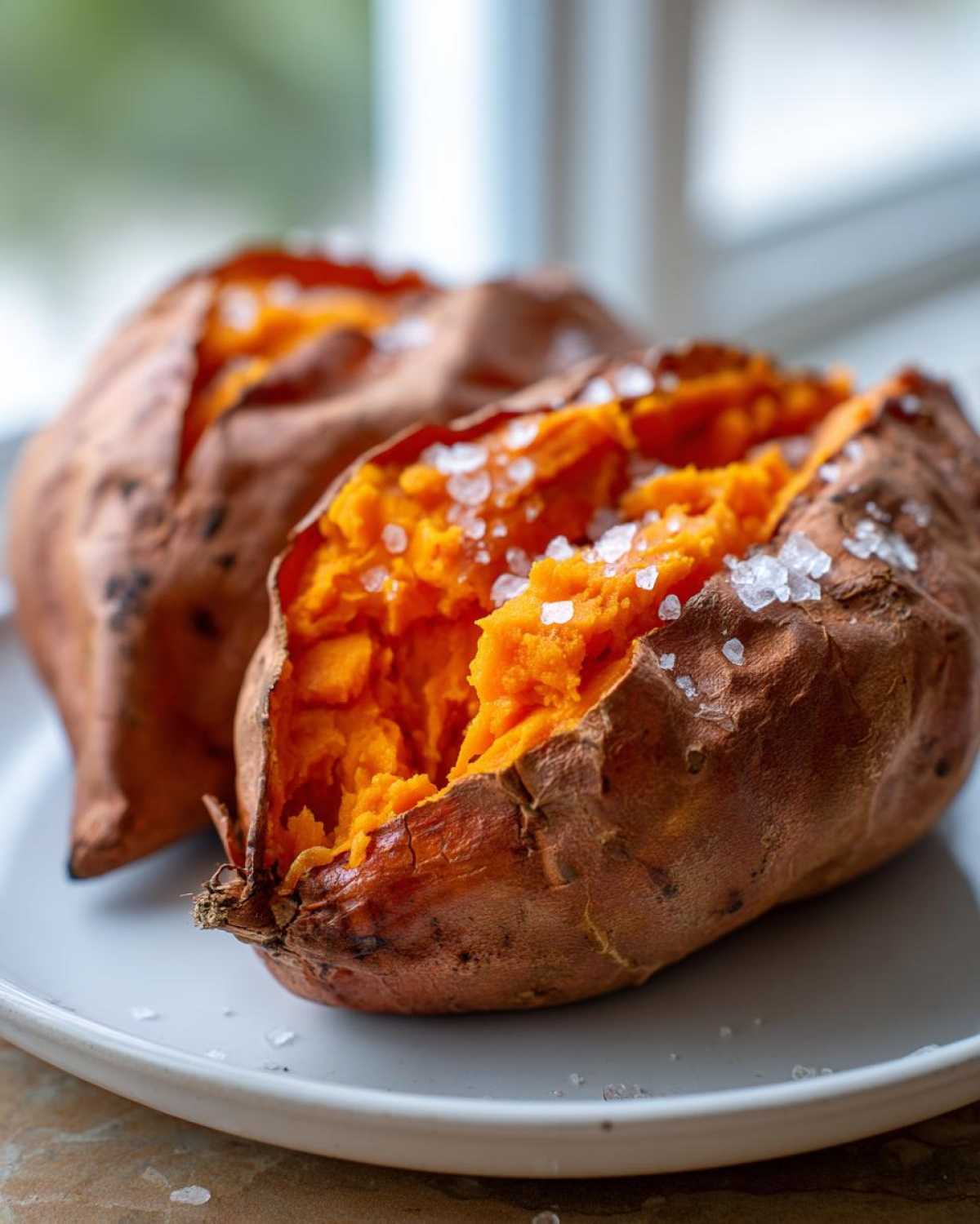 Two perfectly baked sweet potatoes, split open to show fluffy orange flesh topped with coarse sea salt.